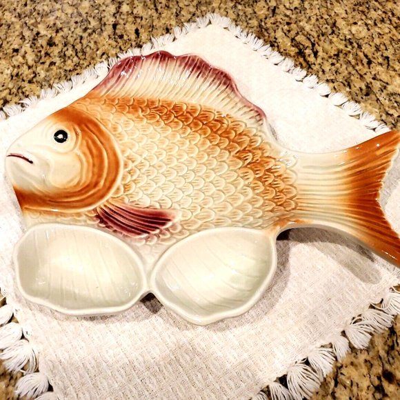 Colorful Ceramic Hand Painted Nautical Fish Serving Platter w/2 dip dishes/bowls - Picture 2 of 4